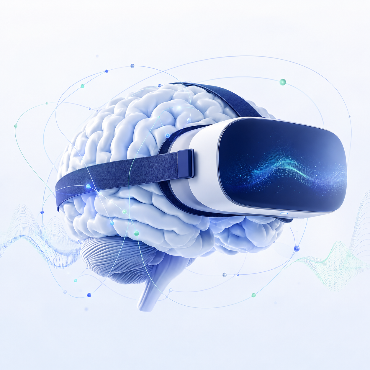 A sculptural brain wearing an immersive virtual-reality headset